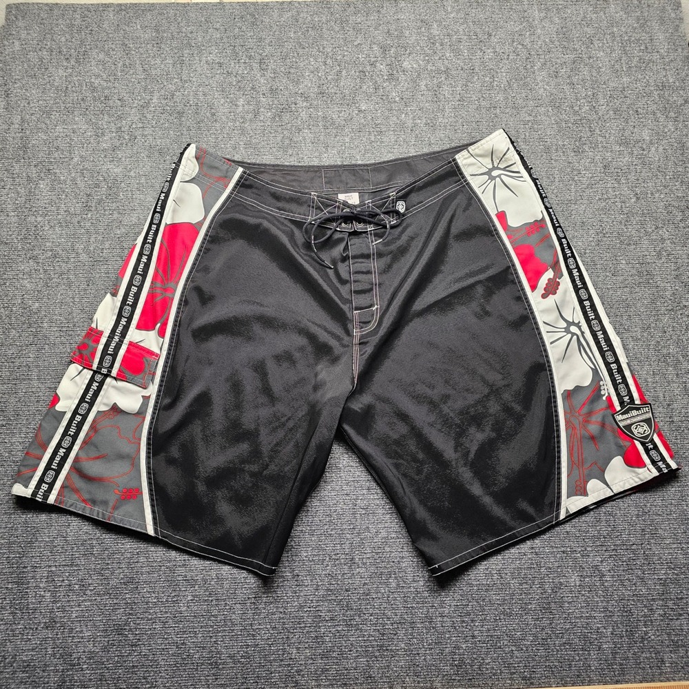Maui Built Mens Board Shorts Size 48 Black Red Hibiscus Floral Surf Trunks Logo